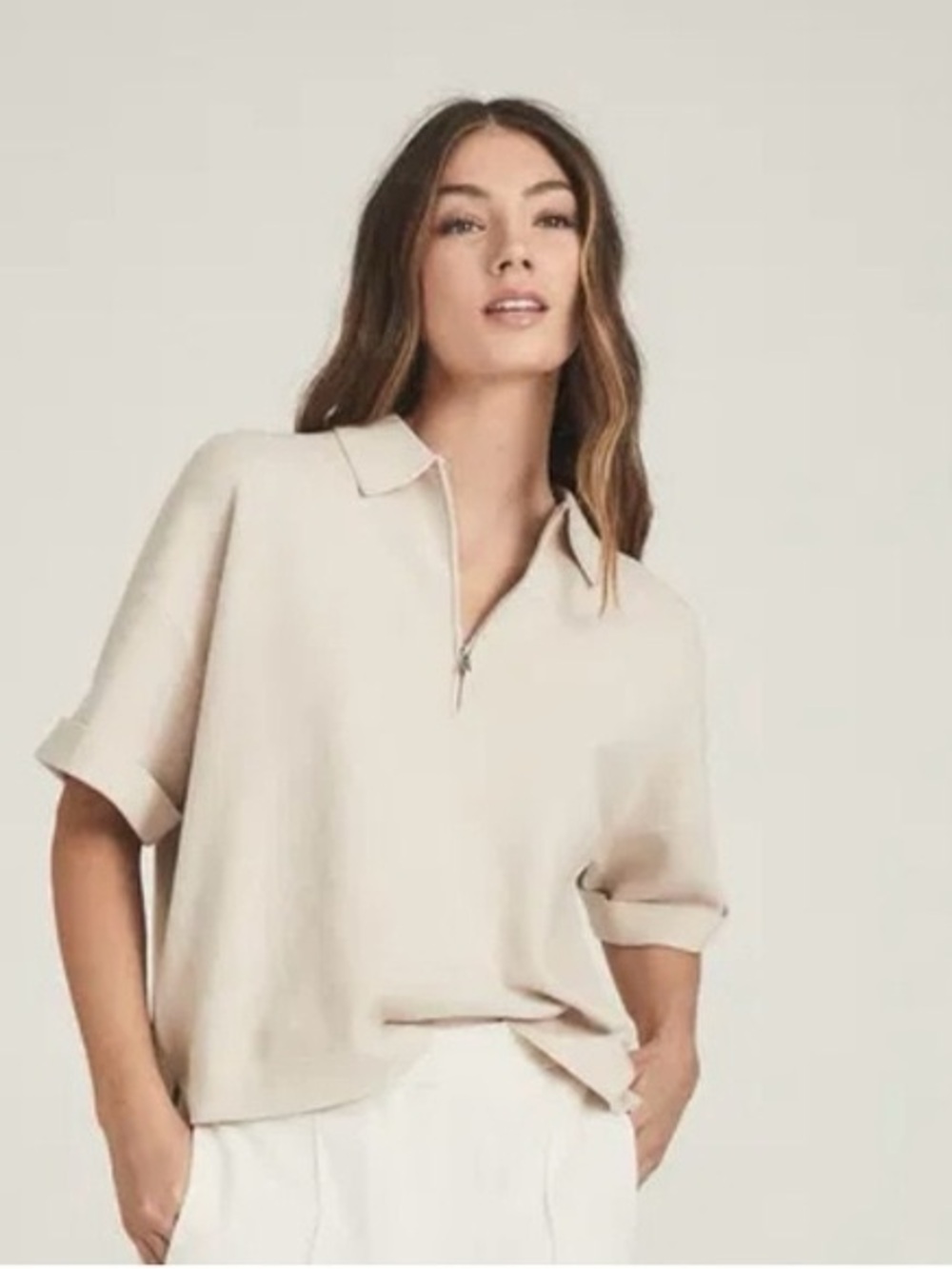 Reiss Cream Short-Sleeve Zip-Neck Sweatshirt
